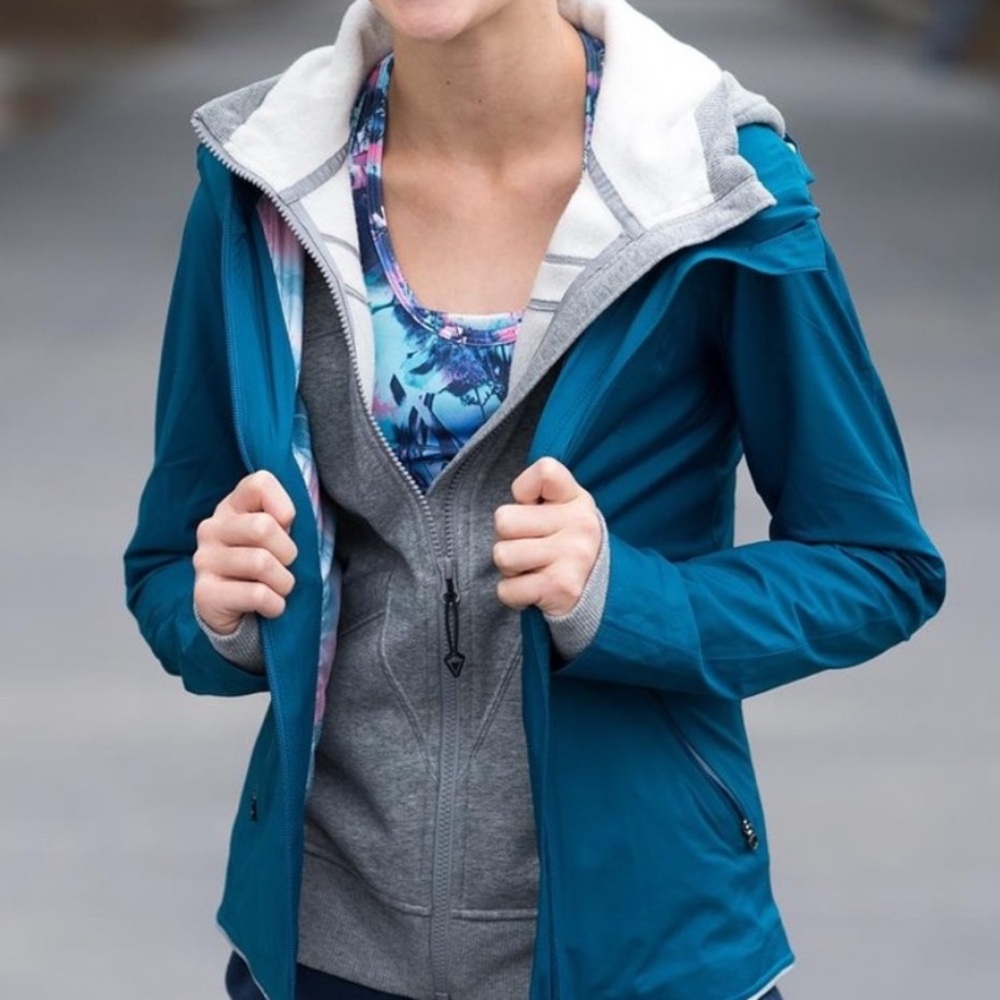 Ivivva Teal Blue Rain Jacket with Packable Hood